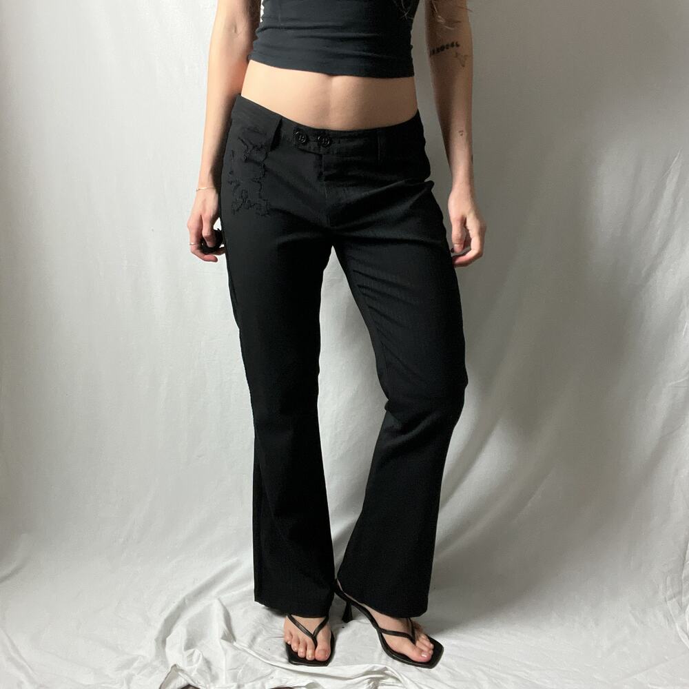y2k vintage black minimalist euro low rise wool patchwork flare trousers pants